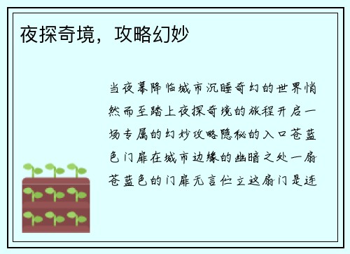 夜探奇境，攻略幻妙