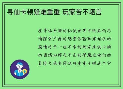寻仙卡顿疑难重重 玩家苦不堪言